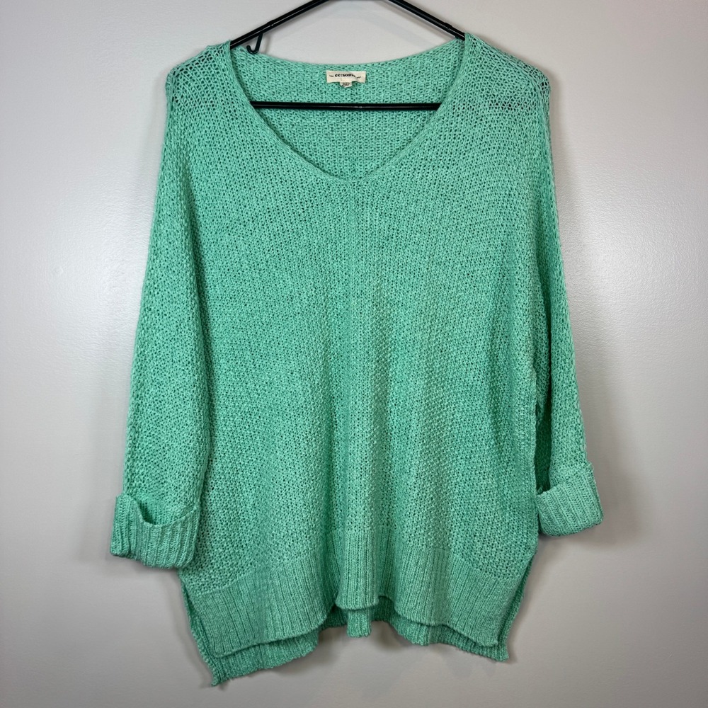 Mint Green Oversized V-Neck Sweater Med Loose Knit Cozy Pullover Pastel Core
